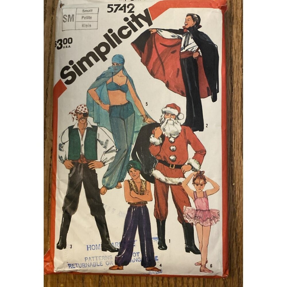 Simplicity 5742 Adult Costume Sz Small Pirate, Vampire, Santa, Ballerina Harem